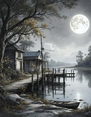 The primary subject of the image is a small boat floating on a body of water, with a house and a pier nearby. The setting is a serene, natural environment with a moonlit night sky. The visual style is a painting, which creates a sense of tranquility and beauty. The dominant colors are shades of blue, green, and white, which contribute to the overall mood of the scene.